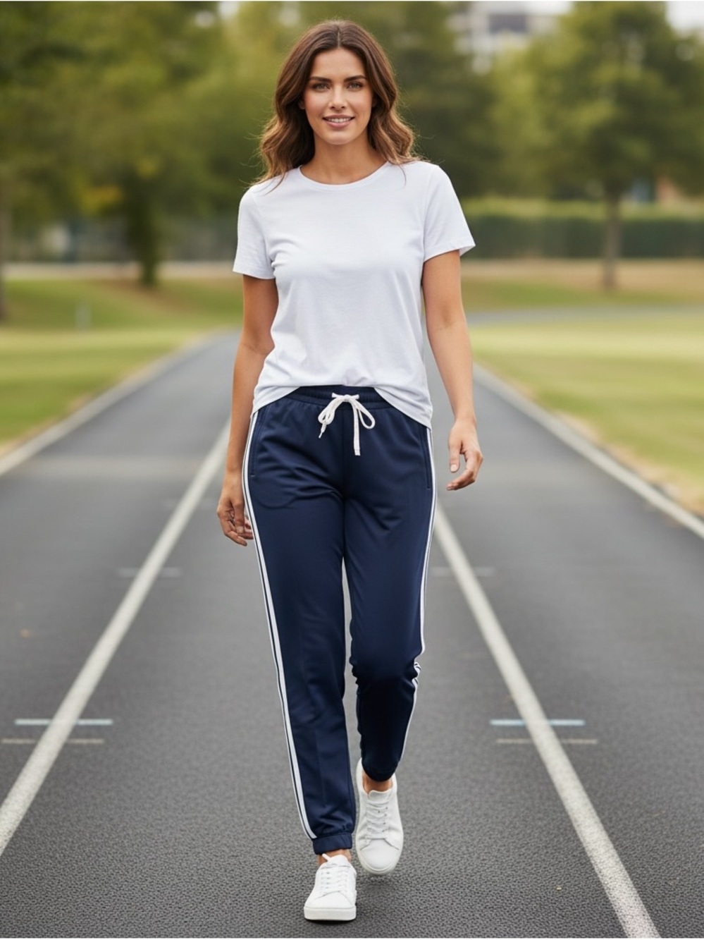 No Label Elastic/Drawstring Waist White Side Stripe Navy Jogging Pant Size L
